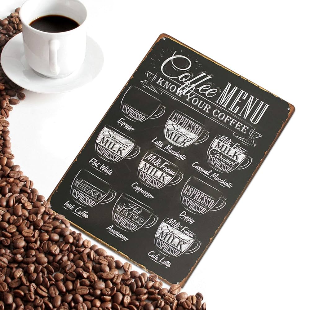 Coffee Menu Know Your Coffee Latte Espresso Metal Tin Sign, Vintage Antique Plaque Poster