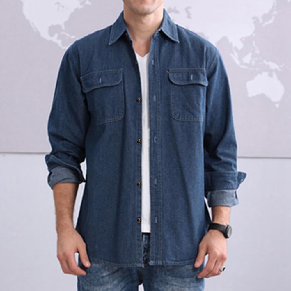 Men Big and Tall Mens Tops Casual Stylish Denim Button Up Dark Blue