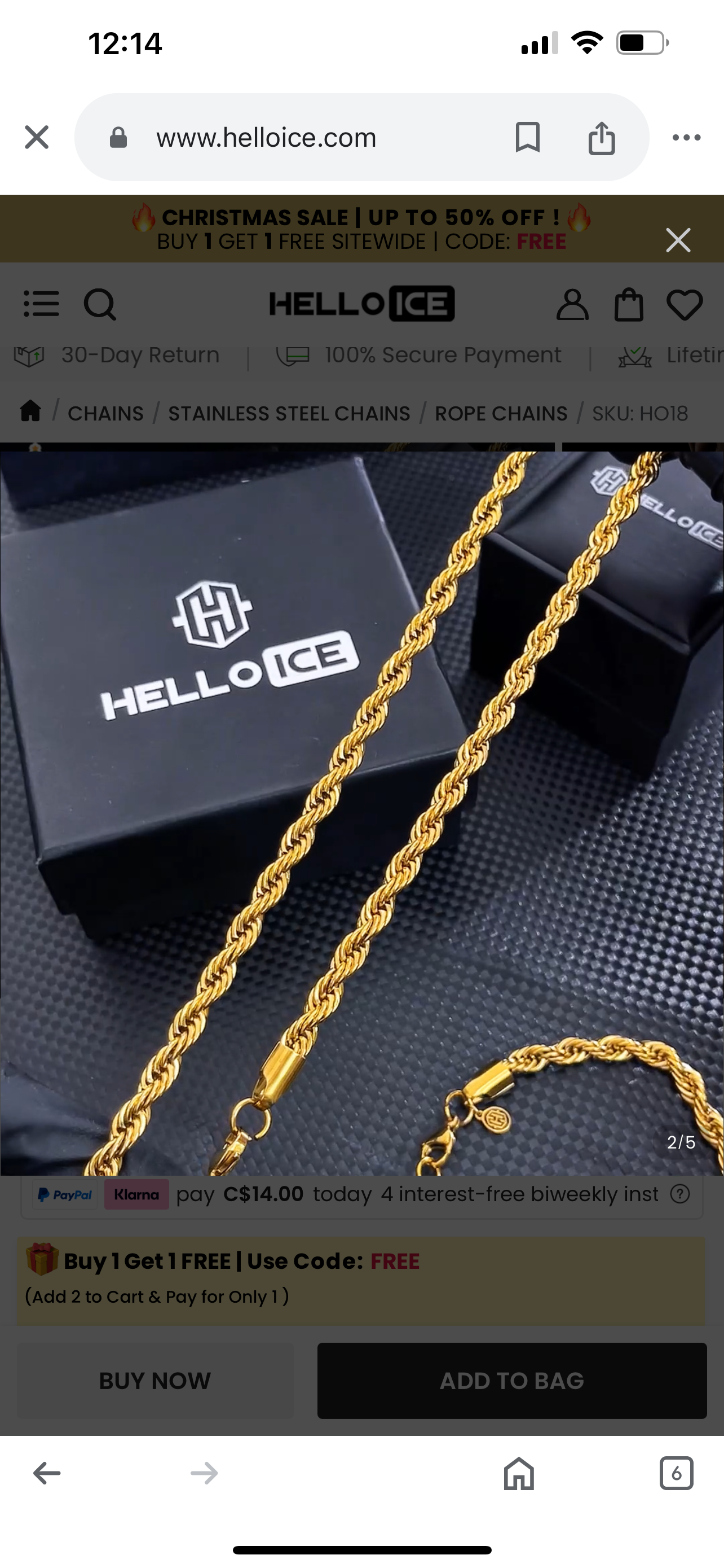 Helloice 6mm 18K Gold Finish Rope Chain