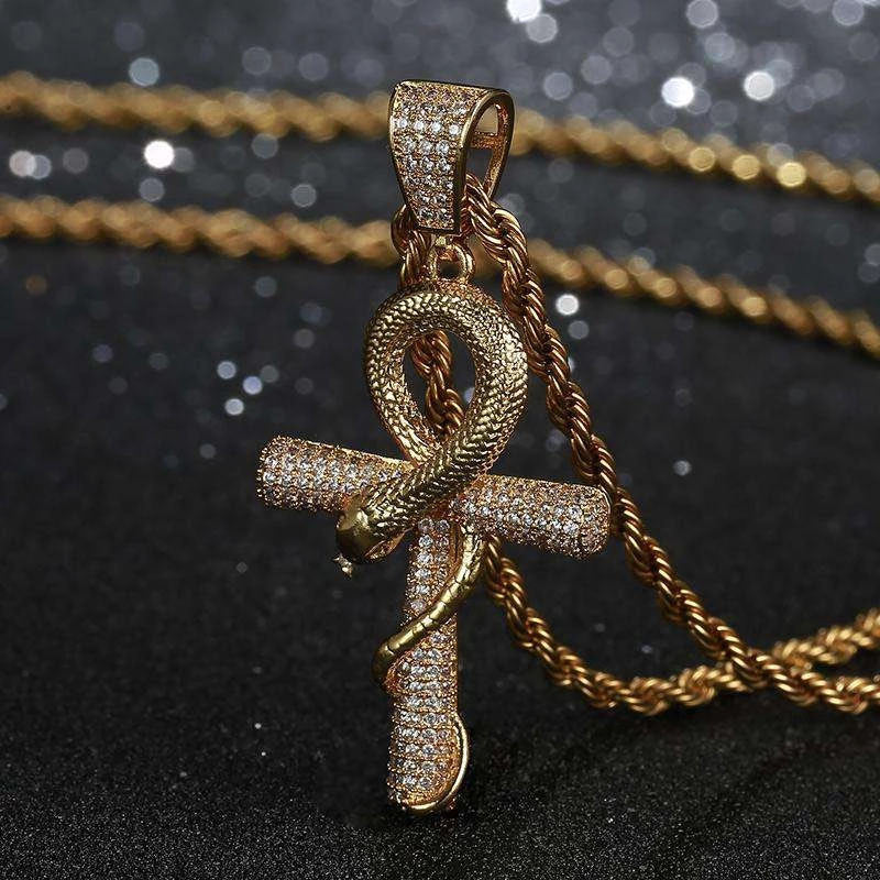 Helloice Iced Ankh Ouroboros Cross in Gold With 22” Rope Chain