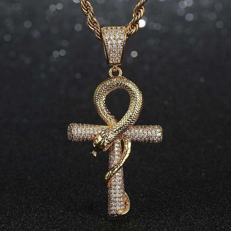 Helloice Iced Ankh Ouroboros Cross in Gold With 22” Rope Chain