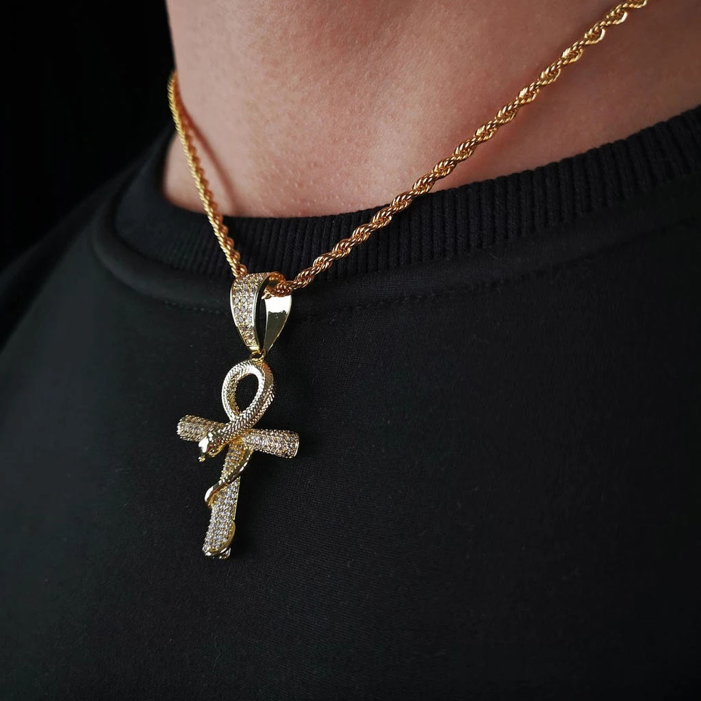 Helloice Iced Ankh Ouroboros Cross in Gold With 22” Rope Chain