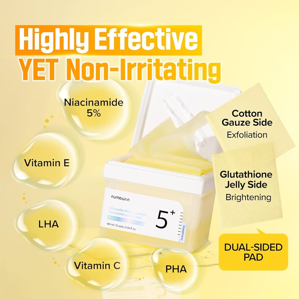 numbuzin No.5+ Vitamin-Niacinamide Concentrated pad | Double- Sided Pad with Glutathione, Niacinamide, PHA & LHA | Exfoliation, Dark Spot, Hyperpigmentation Care | 70 Pads/6.08 Fl Oz