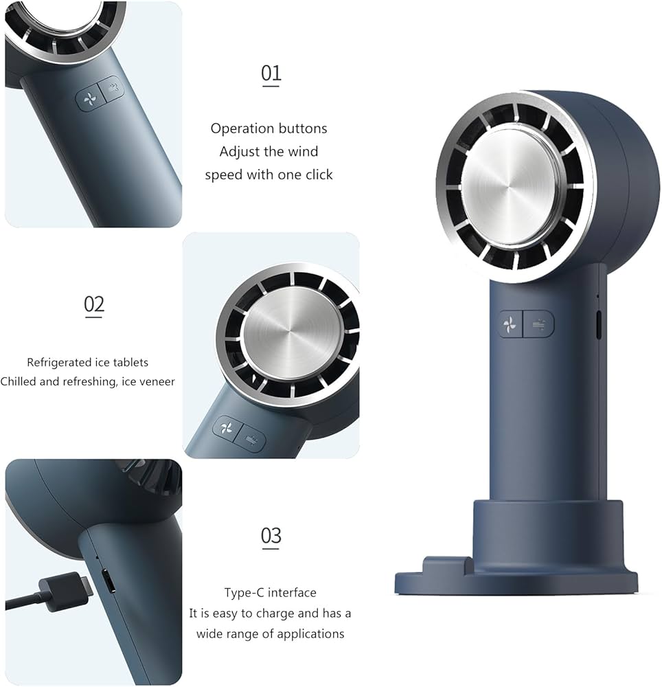 Handhelds Fan Cooling Fan USB C Rechargeable Fan With Base And Charging Cable 3 Speed Cold Fan