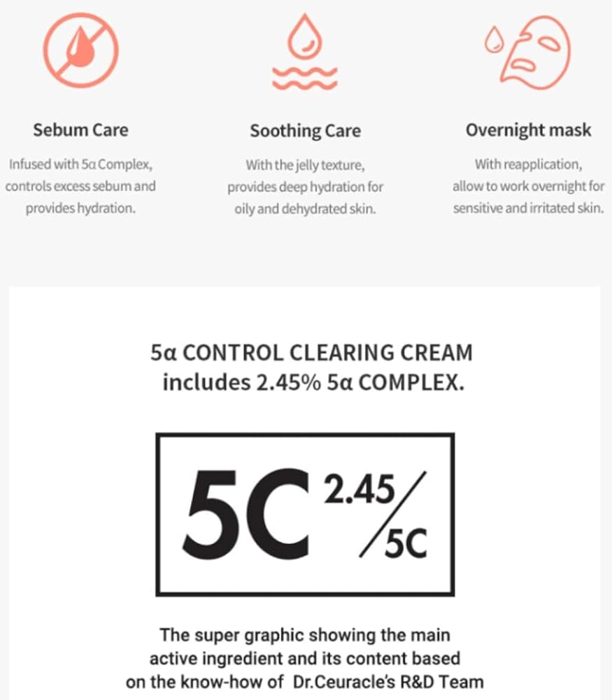 Dr.Ceuracle 5α Control Clearing Cream 50ml/1.69 oz - The lightweight Gel-Type Cream that Controlling Excess Sebum