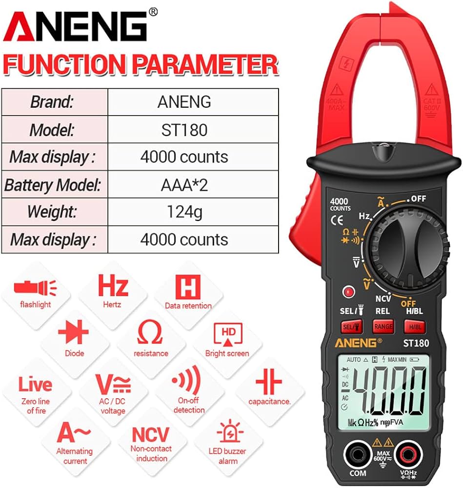 ST180 4000 Counts Digital Clamp Meter AC Current Multimeter Ammeter Voltage Tester Car Amp Hz Capacitance NCV Ohm Tool