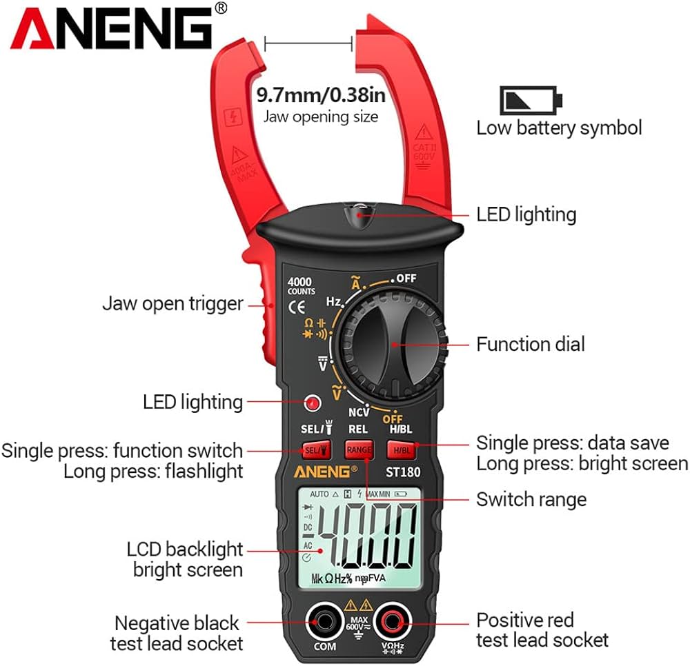 ST180 4000 Counts Digital Clamp Meter AC Current Multimeter Ammeter Voltage Tester Car Amp Hz Capacitance NCV Ohm Tool