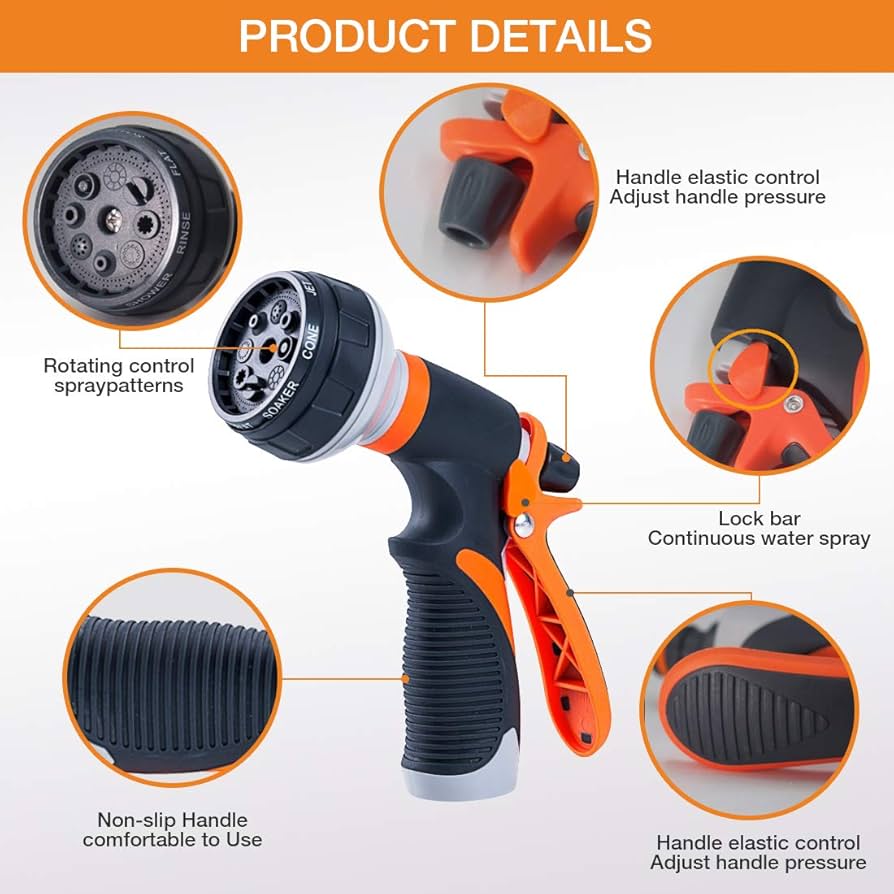 Forthcan Garden Hose Nozzle - 2 Pack Watering Hose Nozzles - Hand Sprayer - 8 Patterns Watering Spray for Watering Garden, Car Wash, Cleaning and Showering Dogs & Pets (Orange)
