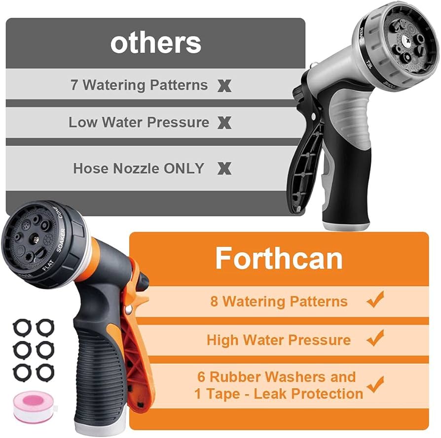 Forthcan Garden Hose Nozzle - 2 Pack Watering Hose Nozzles - Hand Sprayer - 8 Patterns Watering Spray for Watering Garden, Car Wash, Cleaning and Showering Dogs & Pets (Orange)