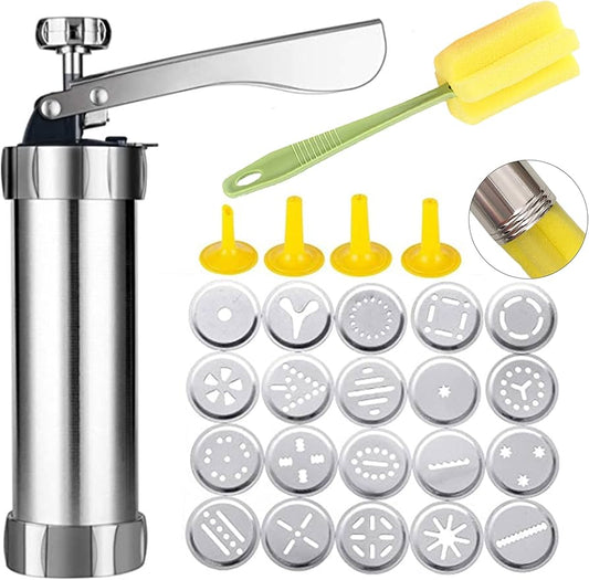 Cookie Press Gun Kit, Stainless Steel Biscuit Press Cookie Gun Set with 20 Cookie discs and 4 nozzles for DIY Biscuit Maker and Churro Maker