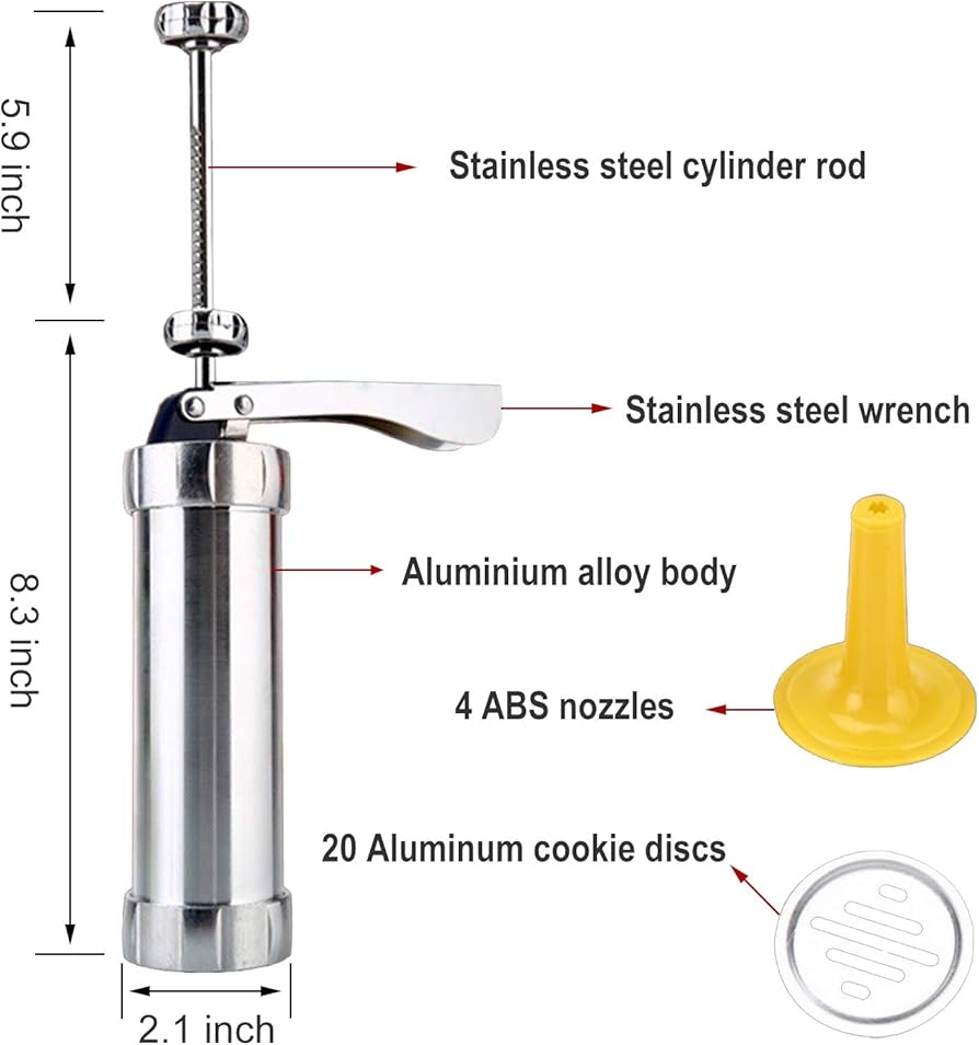 Cookie Press Gun Kit, Stainless Steel Biscuit Press Cookie Gun Set with 20 Cookie discs and 4 nozzles for DIY Biscuit Maker and Churro Maker