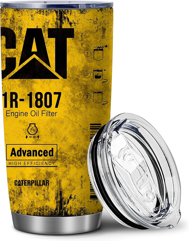 20 oz Yellow CAT 1R 1807 Engine Oil Filter Advanced High Efficiency Caterpillar Coffee Tumbler For Caterpillar Lover, Insulated Mug Cup For Mechanic Lover