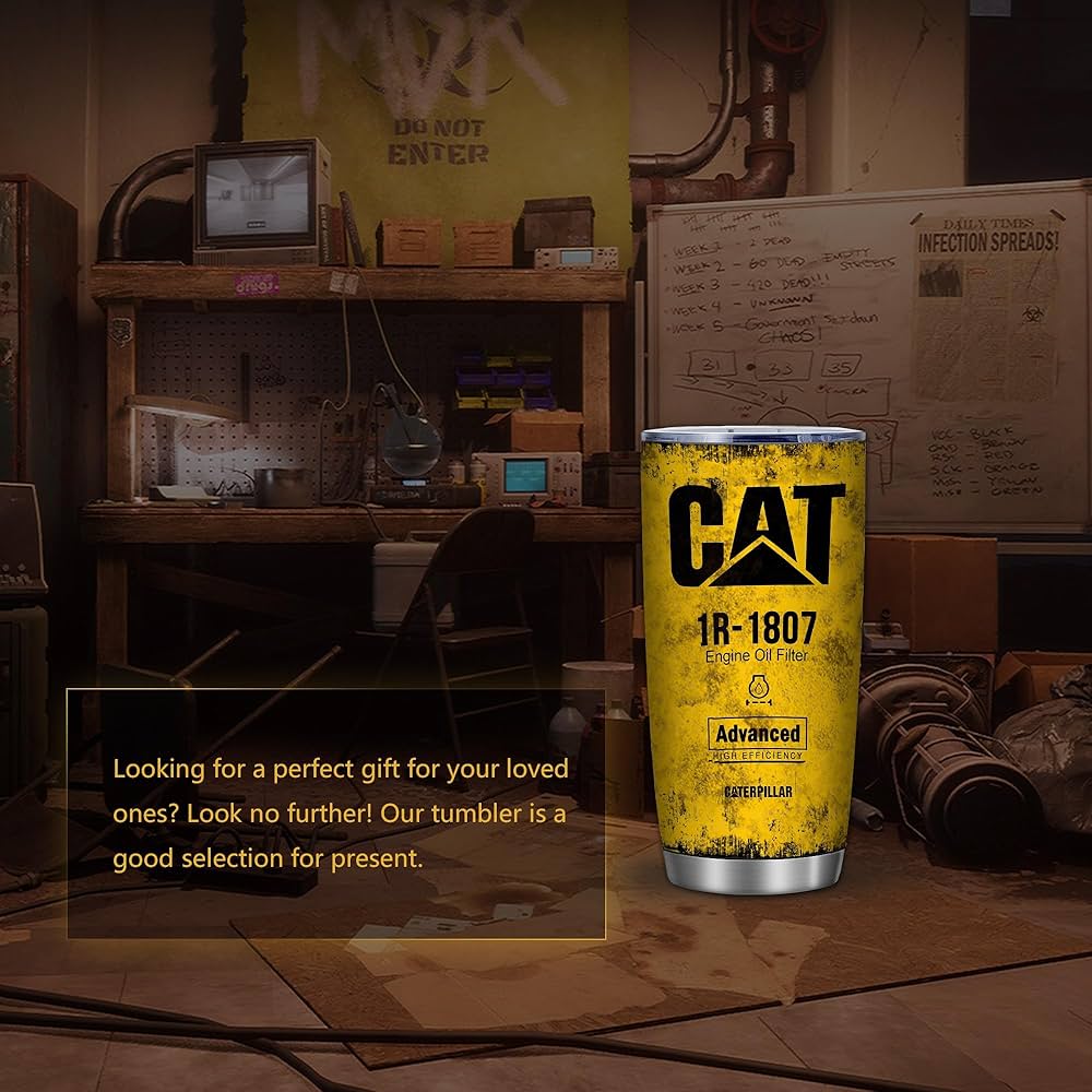20 oz Yellow CAT 1R 1807 Engine Oil Filter Advanced High Efficiency Caterpillar Coffee Tumbler For Caterpillar Lover, Insulated Mug Cup For Mechanic Lover