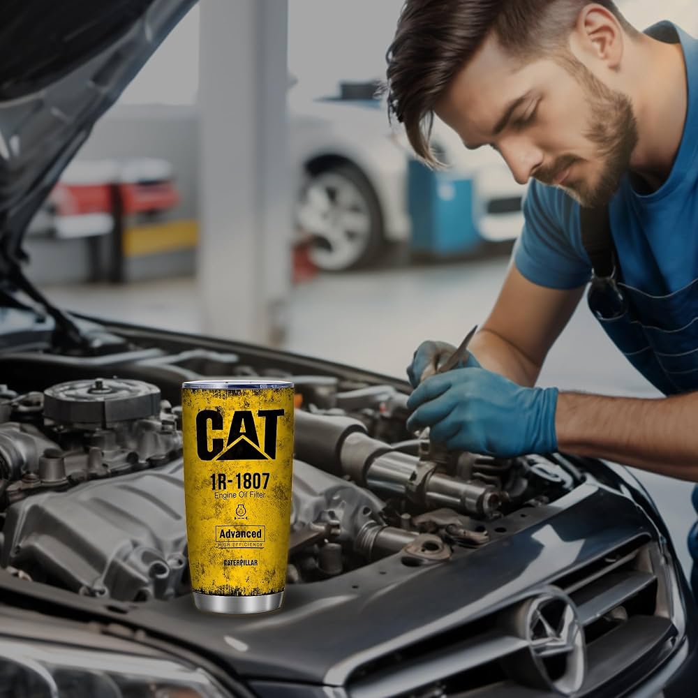 20 oz Yellow CAT 1R 1807 Engine Oil Filter Advanced High Efficiency Caterpillar Coffee Tumbler For Caterpillar Lover, Insulated Mug Cup For Mechanic Lover