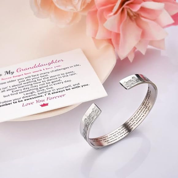 To My Granddaughter - I Will Always Be With You - Love You Forever Bracelet,Granddaughter Bracelet from Grandma, Personalized Engraved Cuff Bangl,Granddaughter Gifts from Grandma Valentines Day Gifts,