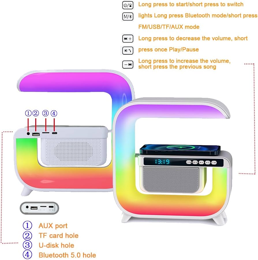 5 in 1 Multi-Functional Atmosphere Night Lights with Music Speaker Wireless Charging Alarm Clock LED is an Ideal Gift Choice for Bedroom