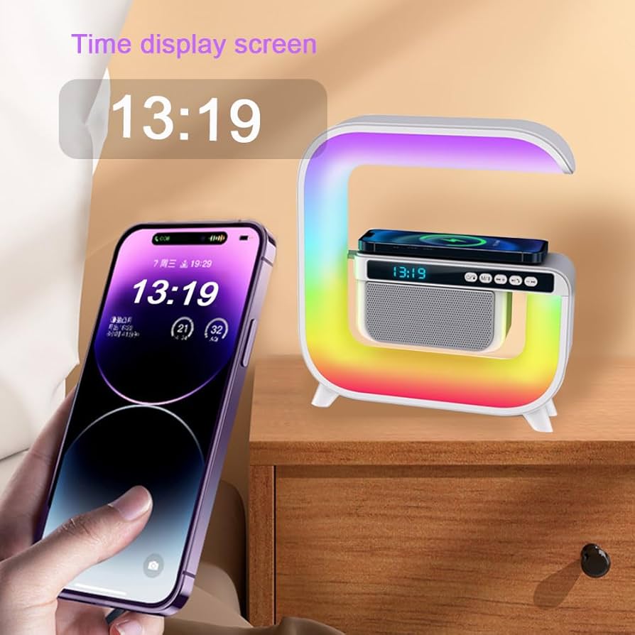 5 in 1 Multi-Functional Atmosphere Night Lights with Music Speaker Wireless Charging Alarm Clock LED is an Ideal Gift Choice for Bedroom