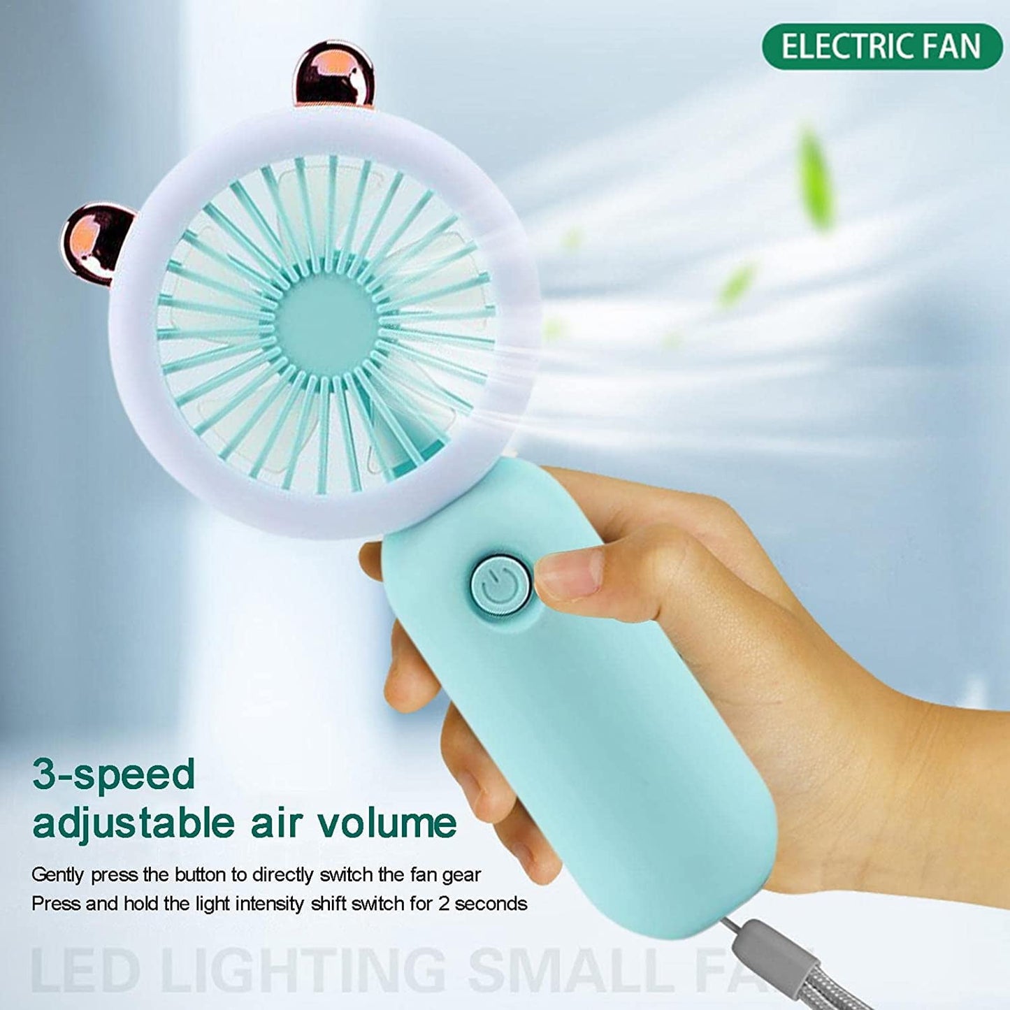 Mini Portable Fan, Portable LED Light Fan - Handheld Fan, Adjustable Speed, USB Rechargeable with LED Night Light, Blue