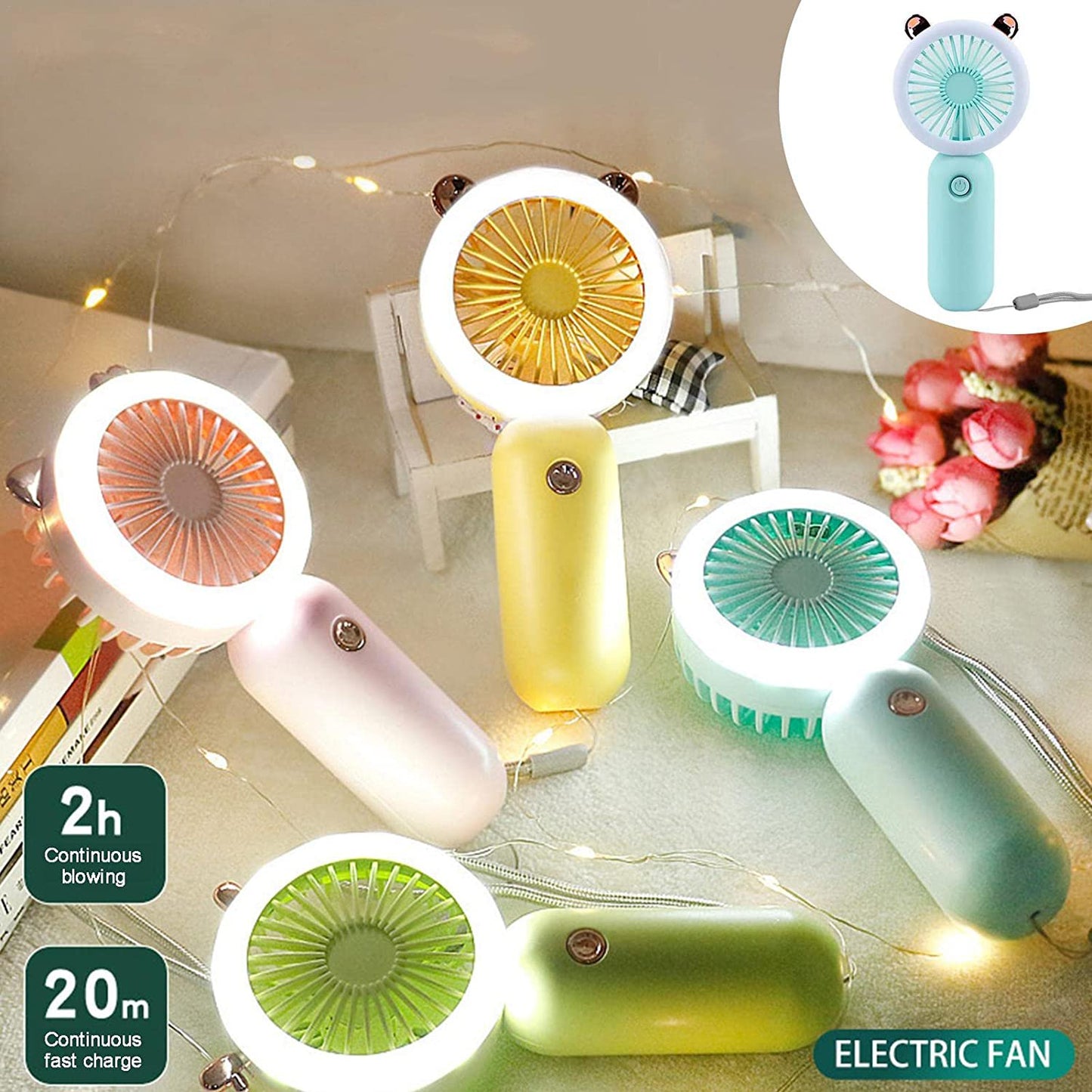 Mini Portable Fan, Portable LED Light Fan - Handheld Fan, Adjustable Speed, USB Rechargeable with LED Night Light, Blue