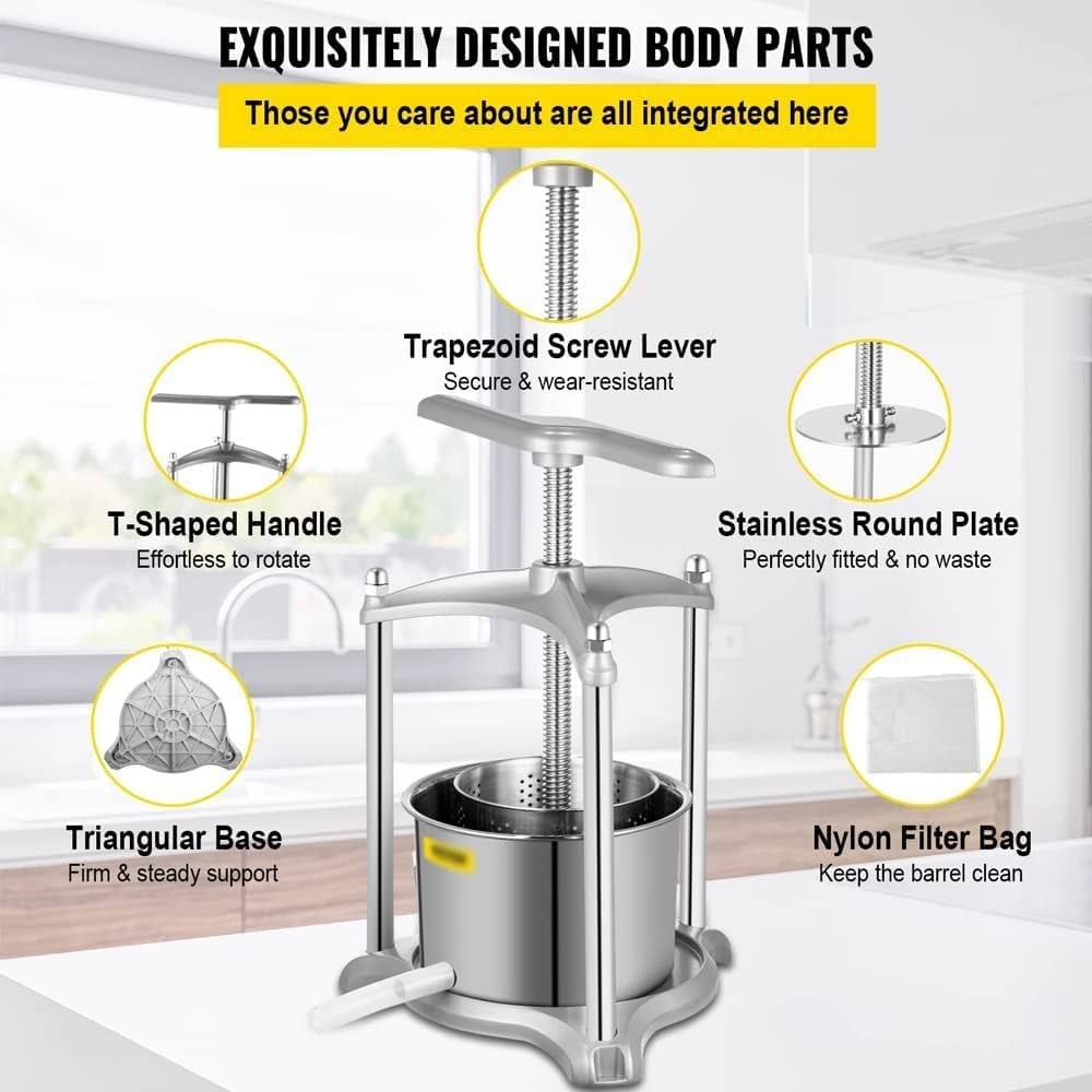 Manual Press for 100% Pure Juice, with Stainless Steel Iron Handle for Juice Residue Separation, for Cider Vegetable Olive Oil Cheese Tincture