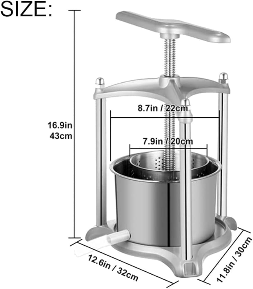 Manual Press for 100% Pure Juice, with Stainless Steel Iron Handle for Juice Residue Separation, for Cider Vegetable Olive Oil Cheese Tincture