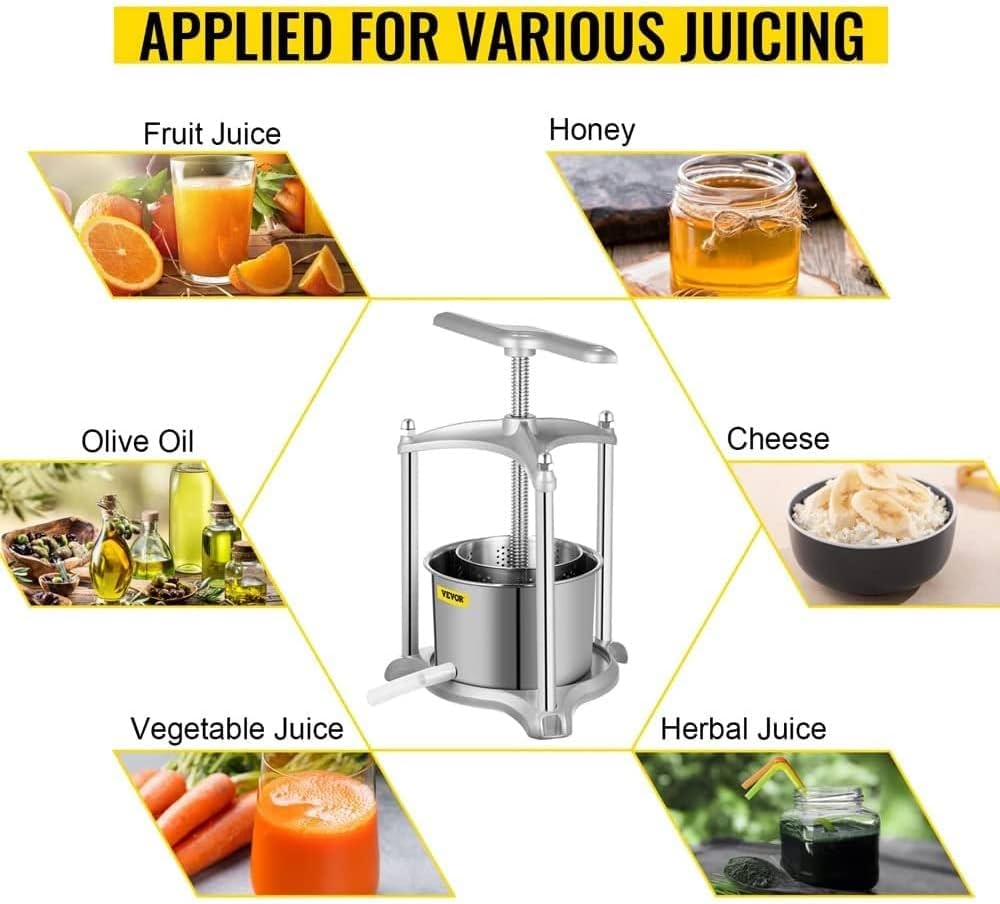 Manual Press for 100% Pure Juice, with Stainless Steel Iron Handle for Juice Residue Separation, for Cider Vegetable Olive Oil Cheese Tincture