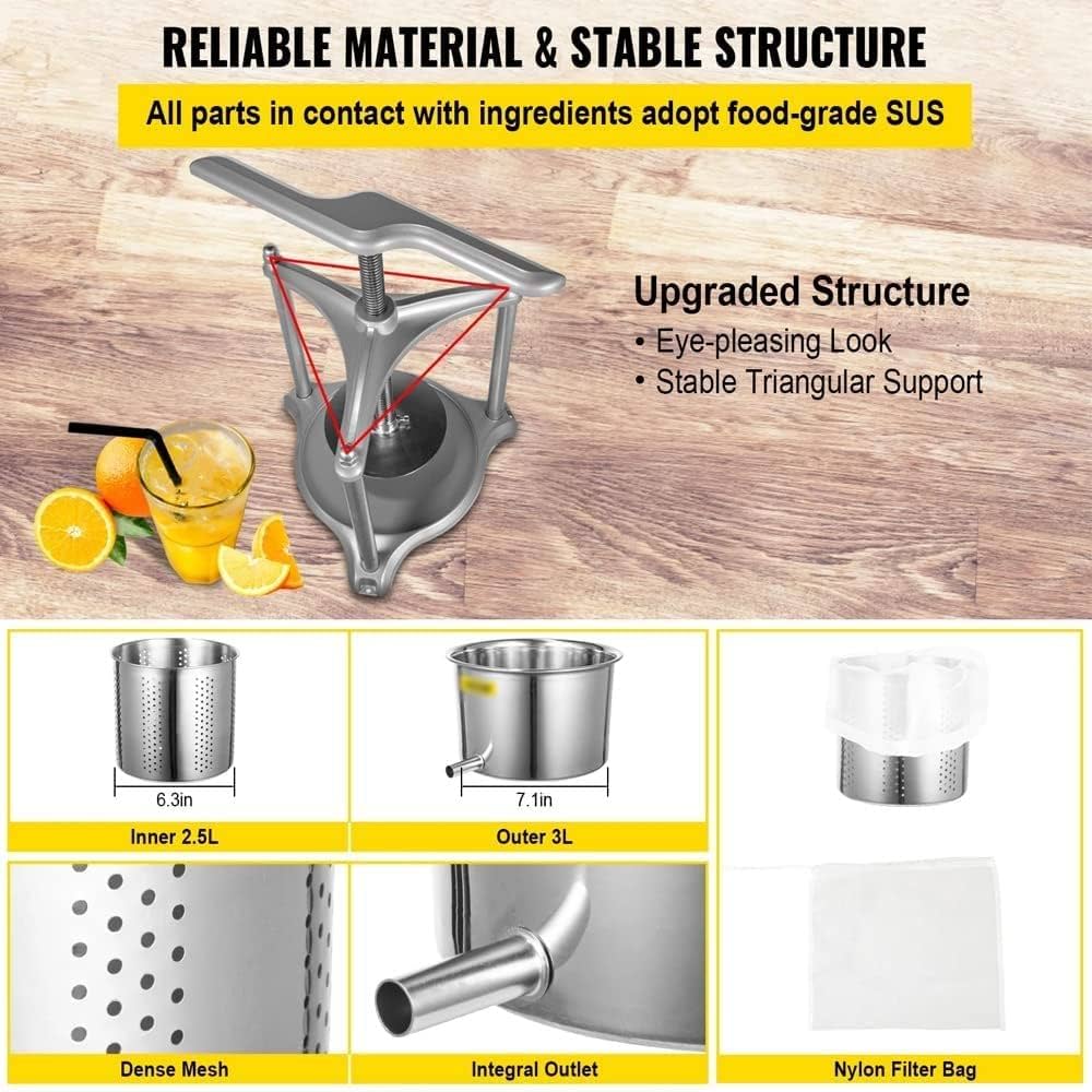 Manual Press for 100% Pure Juice, with Stainless Steel Iron Handle for Juice Residue Separation, for Cider Vegetable Olive Oil Cheese Tincture