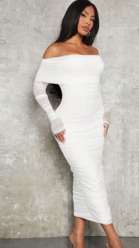 Womens long sleeve off-shoulder white mesh ruched midi dress