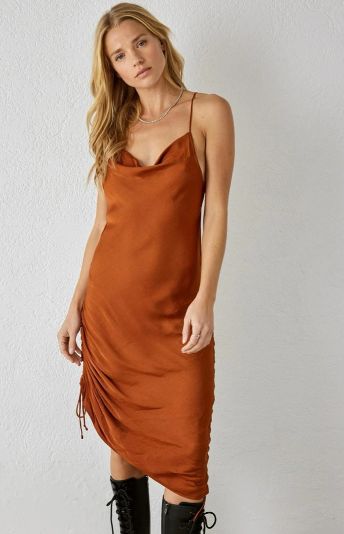 Womens ruched brown scoop- neck slip dress