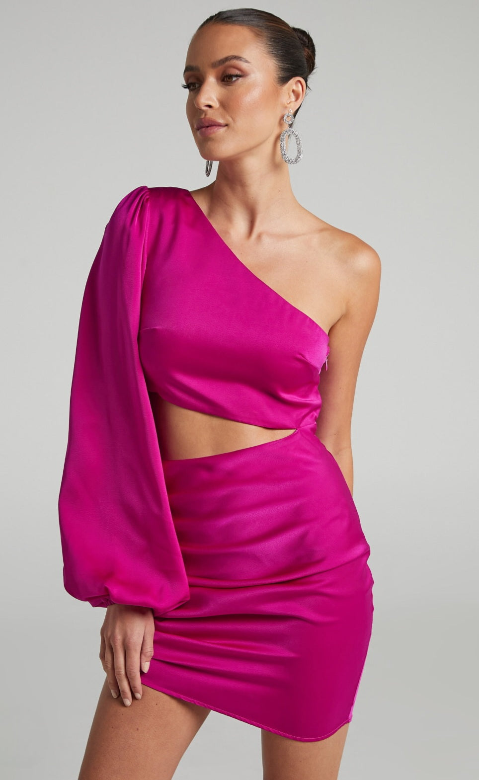 SHOWPO Rayanna Mini dress- one shoulder long sleeve cit out dress in fuchsia