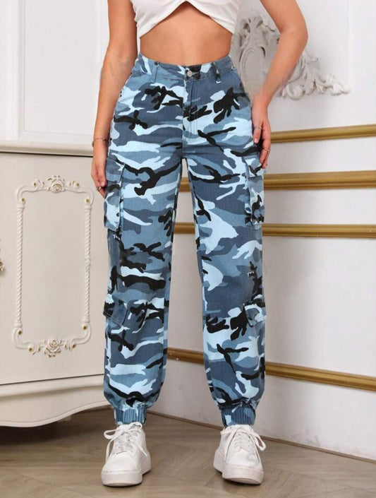 Blue Camo Print Flap Pocket Cargo jeans