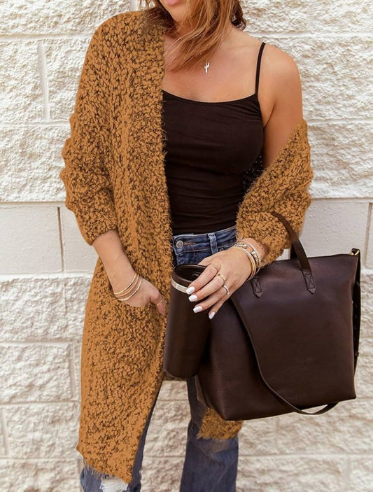 Womens open front knit duster cardigan in brown