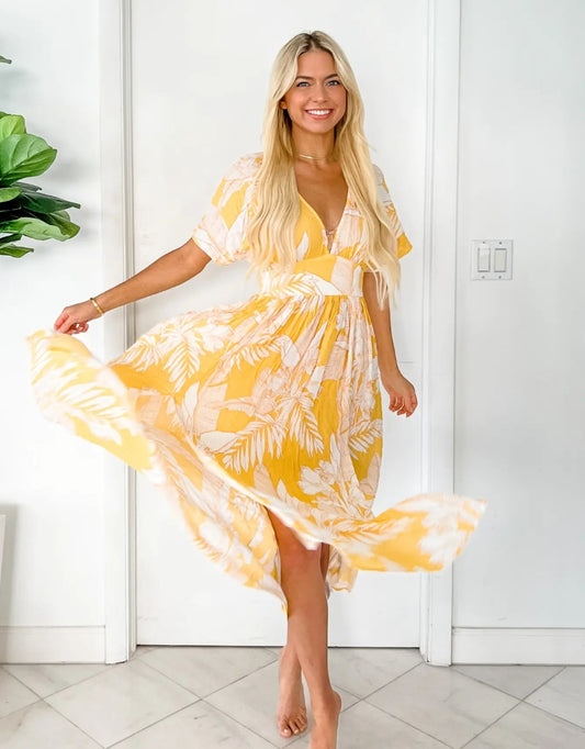 Womens Cupshe yellow floral midi summer vacation dress