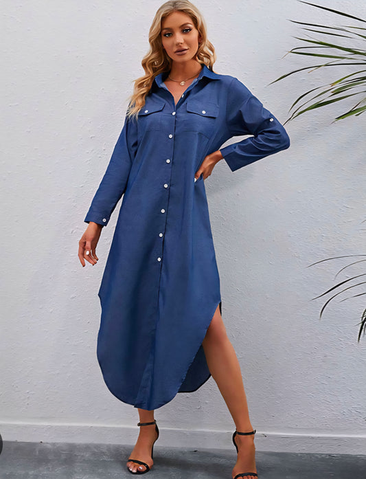 Womens button up faux denim long sleeve dress
