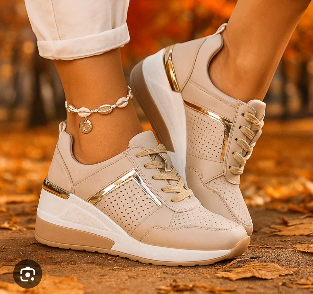 Womens khaki lace up wedge sneakers