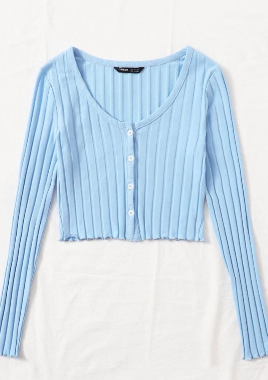 Long sleeve baby blue knit button up crop top