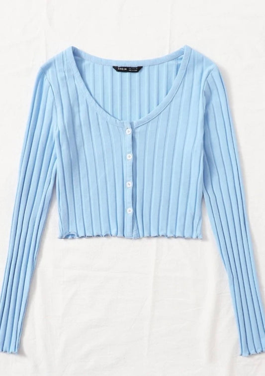 Long sleeve baby blue knit button up crop top