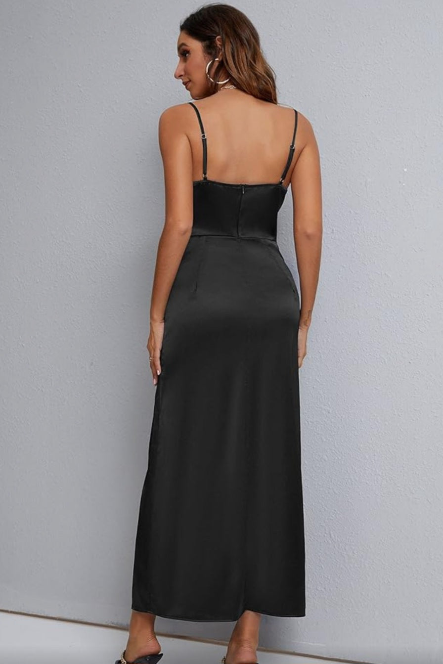 Womens black satin midi dress with slit