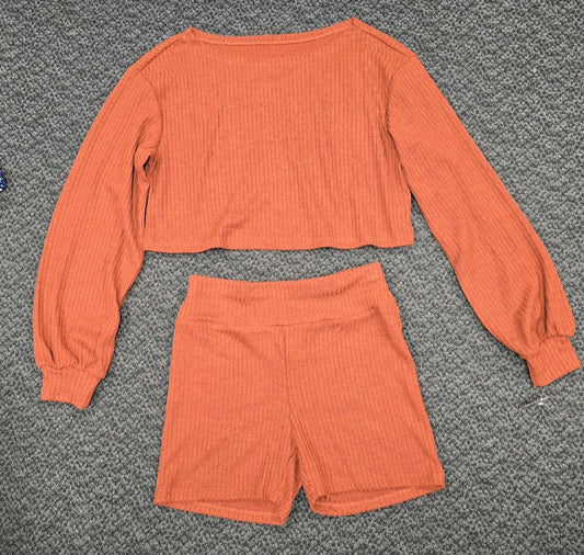 Two piece long sleeve crop top ans matching shorts set