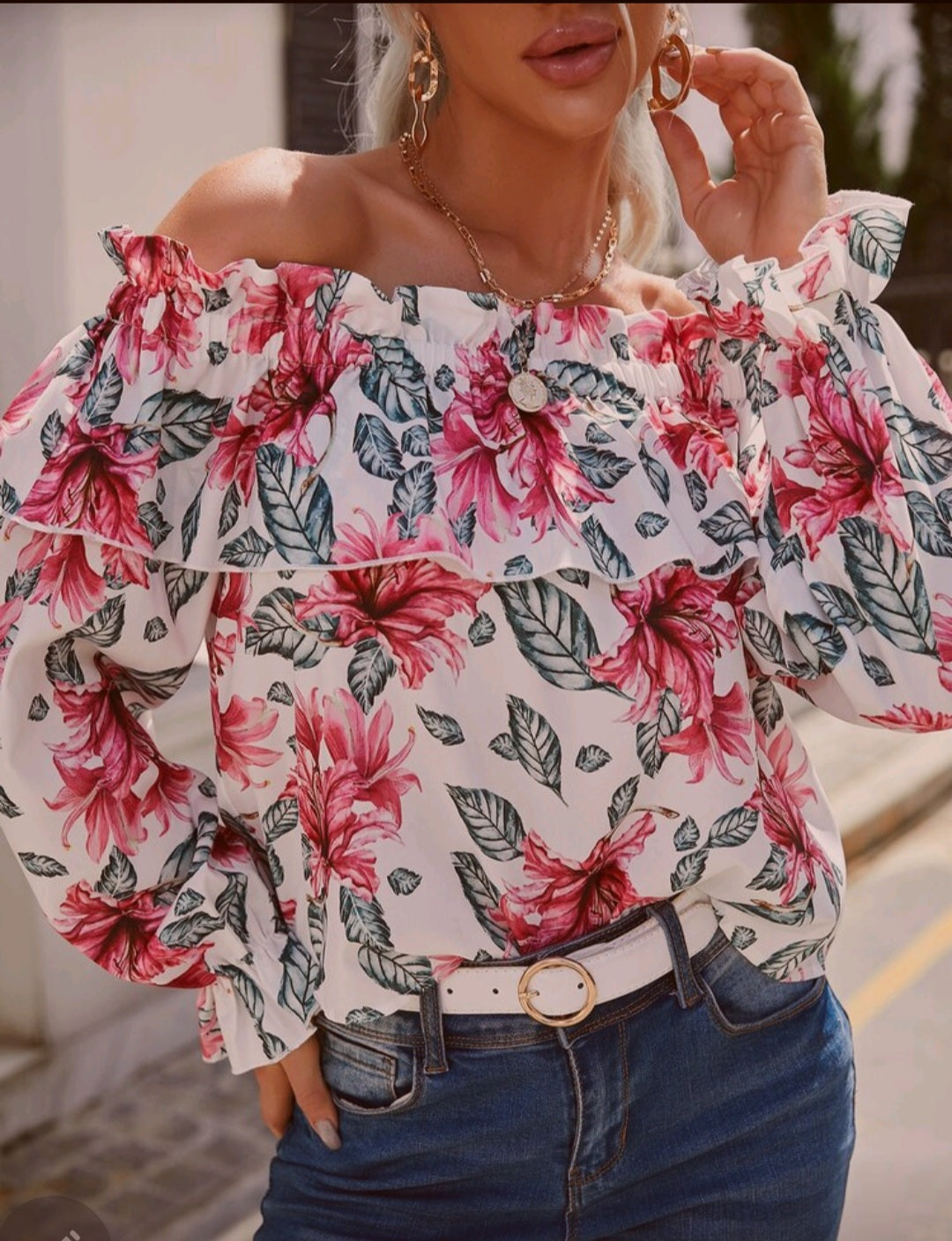 Womens long sleeve floral off shoulder blouse