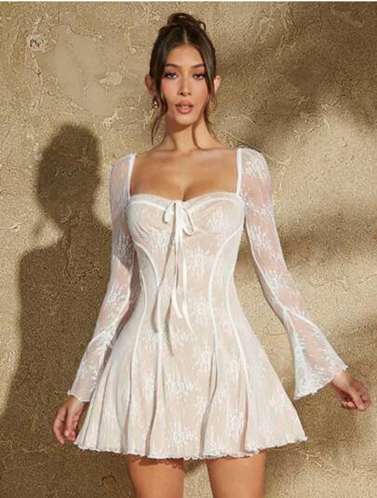 Womens white and cream lace short dress with flare sleeve