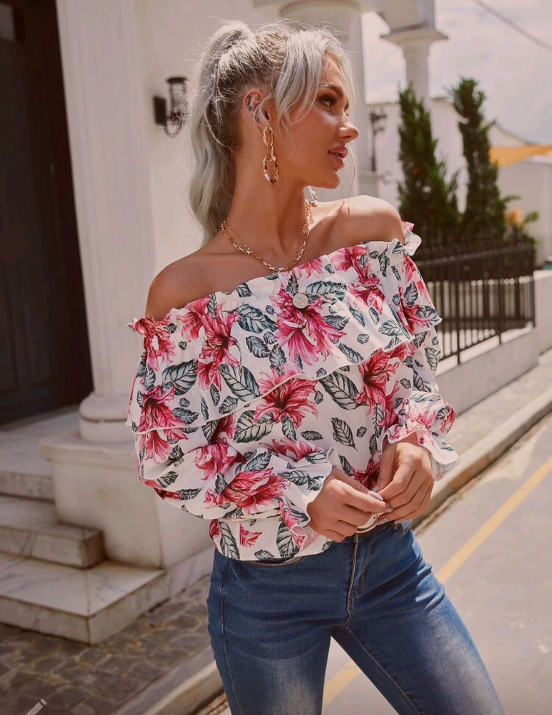 Womens long sleeve floral off shoulder blouse