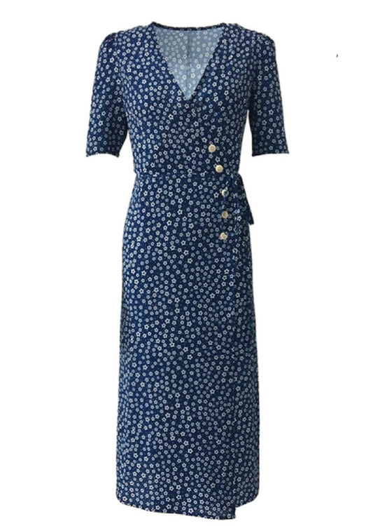 Womens navy ditsy wrap dress with buttons