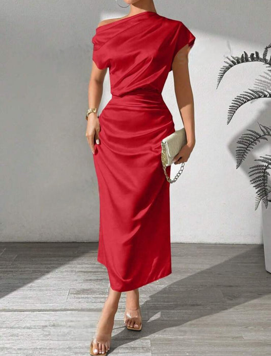 Womens red satin midi cocktail dress