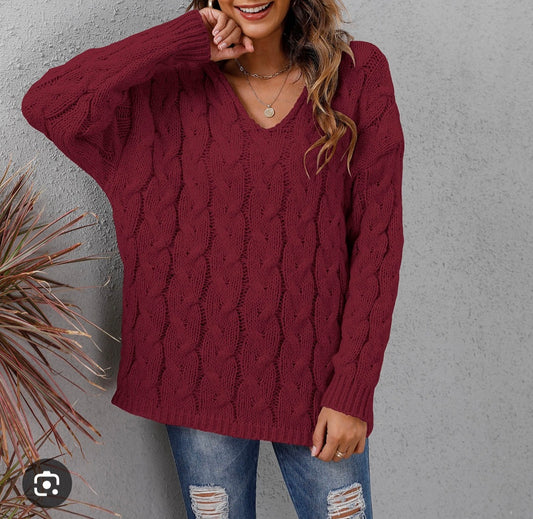 Womens burgendy cable knit hooded sweater