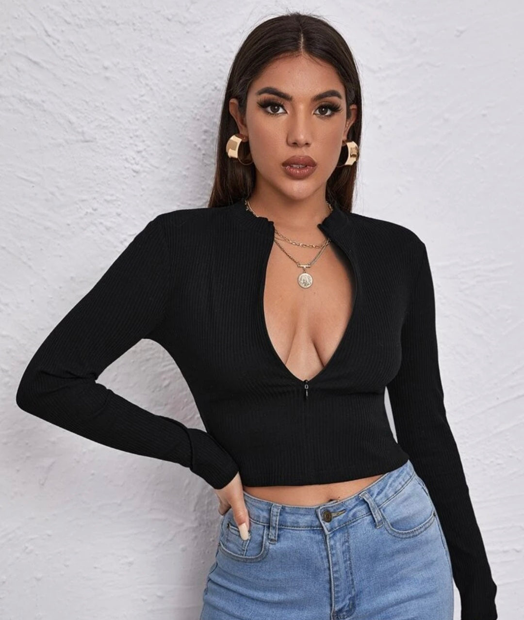Black long sleeve sexy zippered crop top