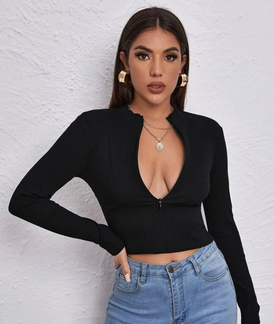 Black long sleeve sexy zippered crop top