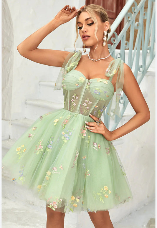 Womens green embroidered floral corset short dress