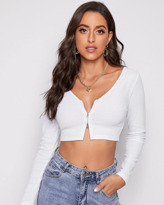 White long sleeve daul zipper crop top