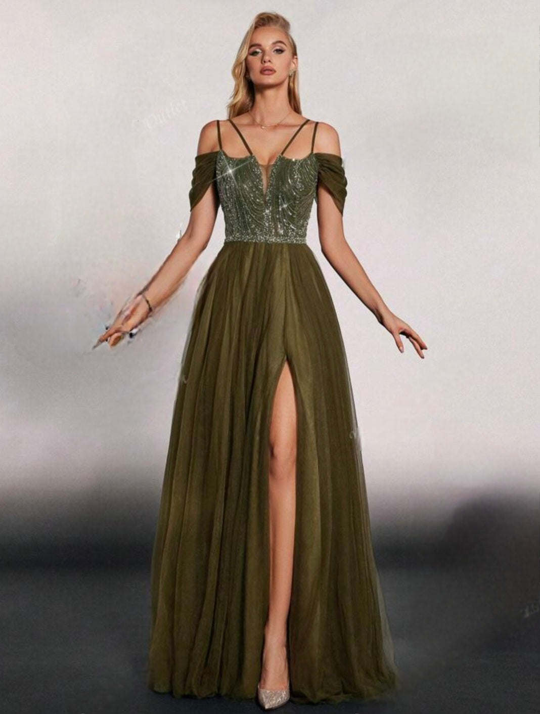 Womens cold shoulder green rhinestone sparkly long high slit formal dress